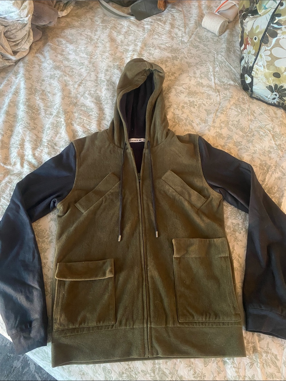 Lacoste Olive Green Corduroy Hooded Zip Jacket with Black Sleeves